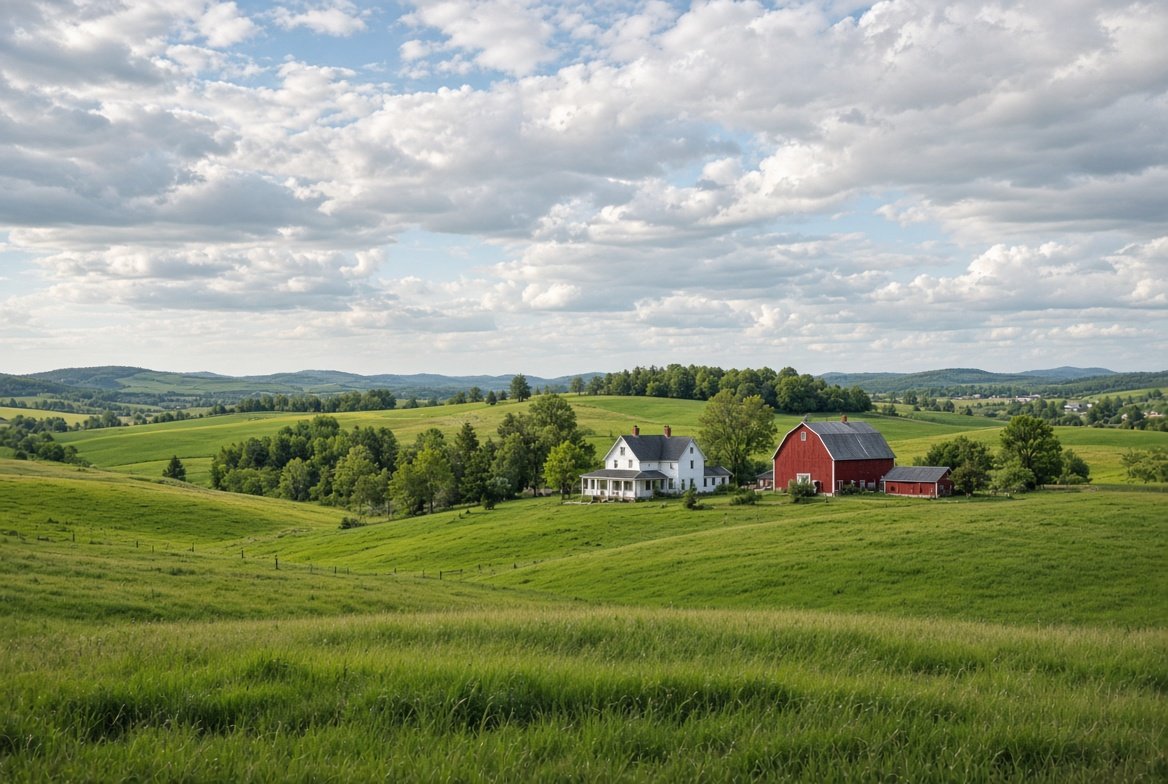 Traditional PEI farmhouse and red barn in rolling green countryside